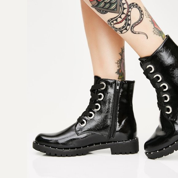 Qupid Shoes - 🍄SOLD🍄 Black Crinkled Studded Combat Boots